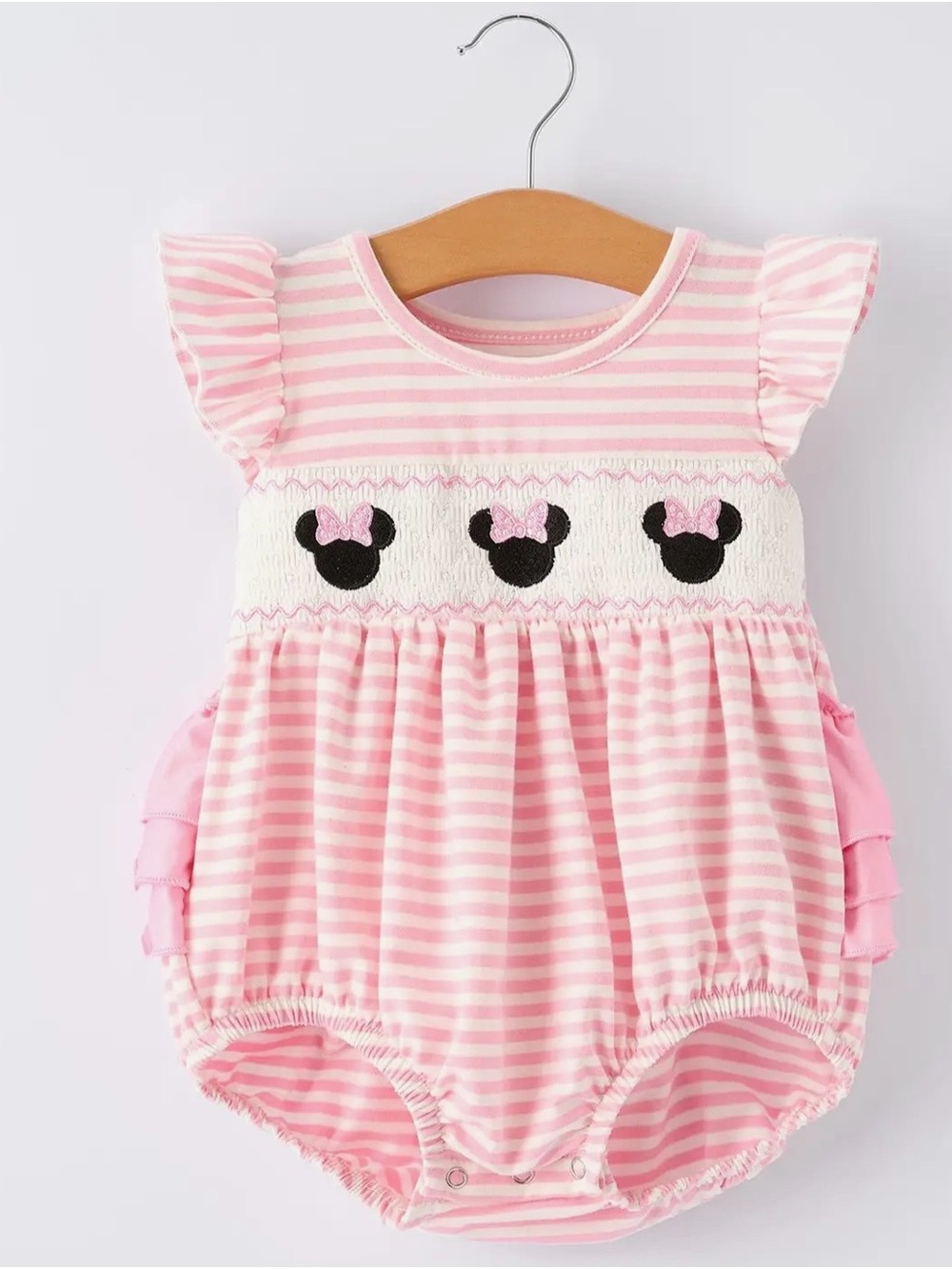 Pink Striped Baby Romper with Bow-Accent Minnie Motif Rylee Faith